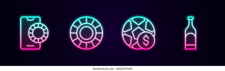 Set line Online sports betting, Casino chips, Football money and Bottle of wine. Glowing neon icon. Vector