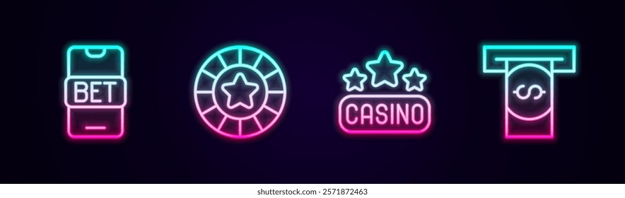 Set line Online sports betting, Casino chips, signboard and Automated teller machine and money. Glowing neon icon. Vector