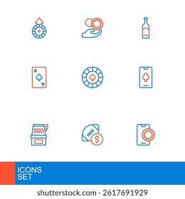 Set line Online sports betting, American football money, Slot machine, poker table game, Playing card with spades symbol, Casino chips, Bottle of wine and Hand holding casino icon. Vector