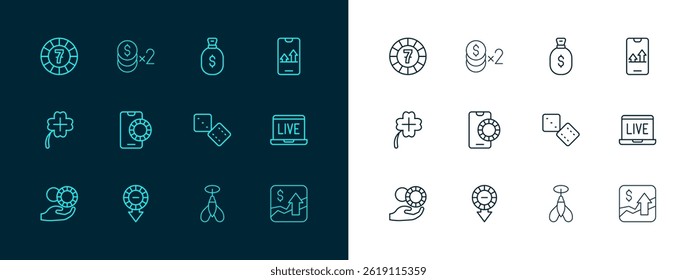 Set line Online sports betting, Casino chips, Game dice, Dart arrow, Money bag,  and with dollar icon. Vector