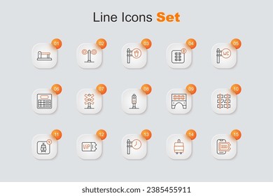 Set line Online ticket booking, Suitcase, Train station clock, Broken or cracked railway, Bridge for train and traffic light icon. Vector