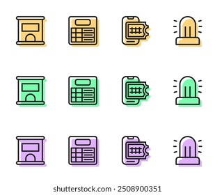 Set line Online ticket booking, Ticket office to buy tickets, Train station board and Flasher siren icon. Vector