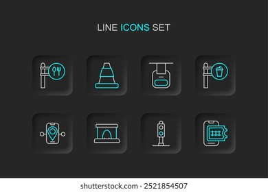 Reserva de boletos en línea, semáforo de tren, túnel de ferrocarril, ubicación de la ruta, cafetería y restaurante, teleférico, cono de tráfico e icono. Vector