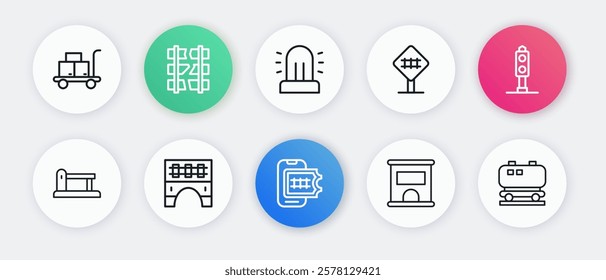 Set line Online ticket booking, Train traffic light, Railway barrier, Ticket office to buy tickets, Railroad crossing, Flasher siren, Oil railway cistern and Bridge for train icon. Vector