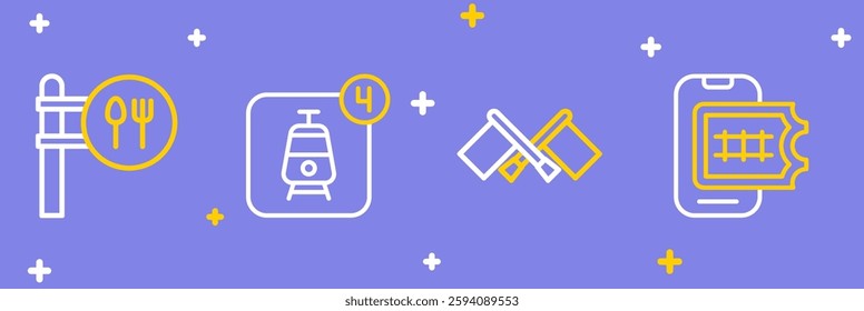 Set line Online ticket booking, Flag,  and Cafe and restaurant location icon. Vector