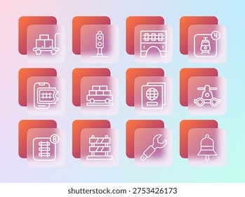 Set line Online ticket booking, End of railway tracks, Passport, Wrench spanner, Cargo train wagon, Bridge for, Trolley suitcase and Train traffic light icon. Vector