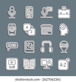 Set line Online translator, Alphabet, Head with gear inside, Microphone voice device, Vocabulary, Foreign language online study,  and School timetable icon. Vector