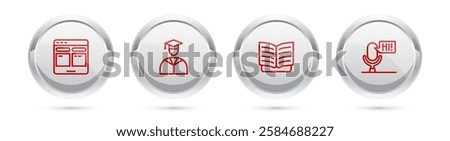 Set line Online translator, Graduate and graduation cap, Open book and Microphone voice device. Silver circle button. Vector