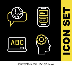 Traductor en línea, cabeza con equipo en el interior, pizarra y el aprendizaje de idiomas extranjeros icono. Vector