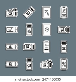 Set line Online translator, Museum ticket, Bus, Translator book, Airline,  and Cover travel guide icon. Vector