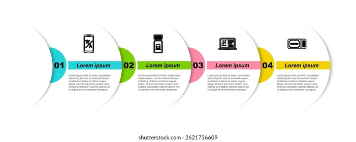 Set line Online translator, Train ticket, Laptop with and Ticket. Business infographic template. Vector