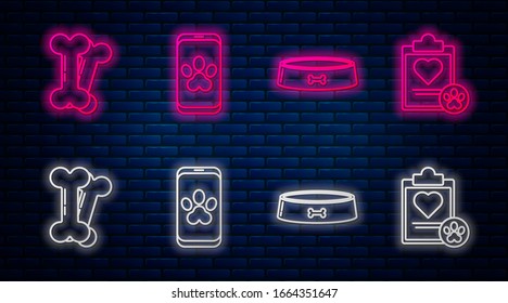 Set line Online veterinary clinic symbol, Pet food bowl, Dog bone and Clipboard with medical clinical record pet. Glowing neon icon on brick wall. Vector