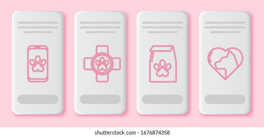 Set line Online veterinary clinic symbol, Veterinary clinic symbol, Bag of food for pet and Heart with cat. White rectangle button. Vector