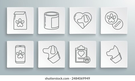 Set line Online veterinary clinic symbol, Canned food, Dog, Clipboard with medical clinical record pet, Cat, Heart dog, and pills and Bag of for icon. Vector