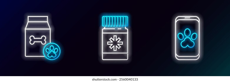 Set line Online veterinary clinic symbol, Bag of food for pet and Dog medicine bottle and pills icon. Glowing neon. Vector