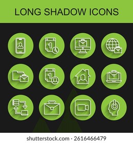Set line Online working, Briefcase, Video chat conference, Camera, Freelancer, Time management,  and  icon. Vector