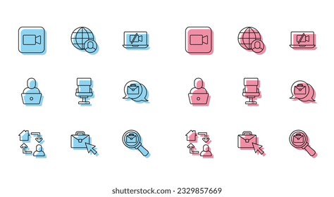 Online-Arbeit, Kamera, Gläserne mit Aktenkoffer, Bürostuhl, Freiberufler und Icon. Vektorgrafik