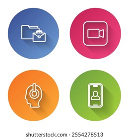 Set line Online working, Camera, Freelancer and Video chat conference. Color circle button. Vector