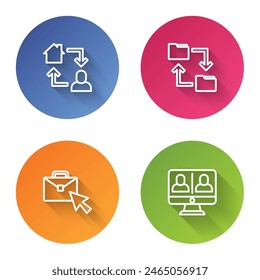 Set line Online working, Cloud storage document folder,  and Video chat conference. Color circle button. Vector