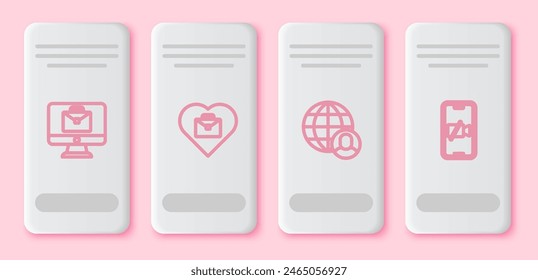 Set line Online working, Heart with text, Freelancer and Video camera Off on mobile. White rectangle button. Vector