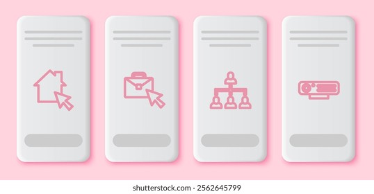 Set line Online working, , Hierarchy organogram chart and Web camera. White rectangle button. Vector