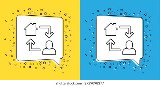 Definir linha Ícone de trabalho online isolado no fundo amarelo e azul. Homem Freelancer trabalhando em laptop em sua casa. Trabalho à distância. Conceito de trabalho à distância.  Vetor