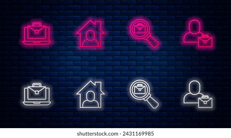 Set line Online working, Magnifying glass with briefcase,  and Freelancer. Glowing neon icon on brick wall. Vector