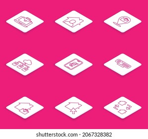 Set line Online working, Mute microphone on mobile, Web camera,  and  icon. Vector