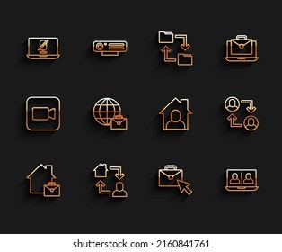 Set line Online working, Mute microphone on laptop, Video chat conference, Project team base and  icon. Vector