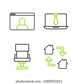 Establecer línea de trabajo en línea, silla de Office, conferencia de videochat e icono. Vector