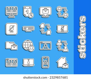 Set line Online working, Project team base, Mute microphone on laptop, Web camera, Video chat conference and  icon. Vector
