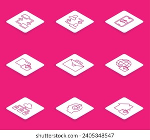 Set line Online working, Project team base, Video camera Off on mobile, Briefcase,  and Freelancer icon. Vector