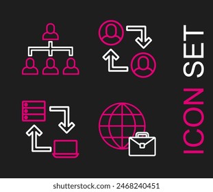 Set line Online working, Project team base and Hierarchy organogram chart icon. Vector