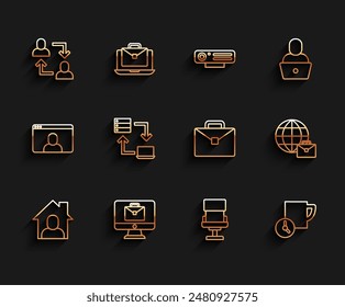Set line Online working, Project team base, Office chair, Time management,  and Briefcase icon. Vector