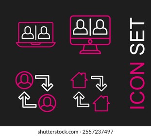 Set line Online working, Project team base, Video chat conference and  icon. Vector