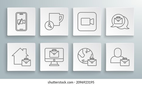 Ajuste línea de trabajo en línea, gestión de tiempo, autónomo, cámara y cámara de vídeo desactivado en icono móvil. Vector