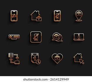 Set line Online working, Time management, Video camera Off on mobile, Heart with text, Mute microphone, chat conference and  icon. Vector