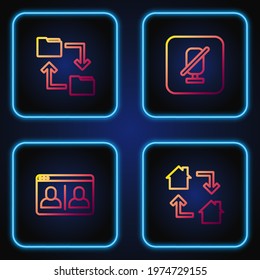 Set line Online working, Video chat conference, Cloud storage document folder and Mute microphone. Gradient color icons. Vector