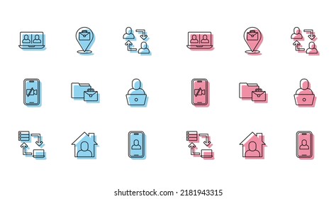 Set line Online working, Video chat conference, Freelancer, camera Off mobile and  icon. Vector
