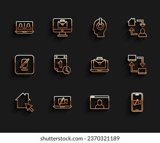 Set line Online working, Video camera Off on laptop, chat conference, mobile, Time management,  and  icon. Vector