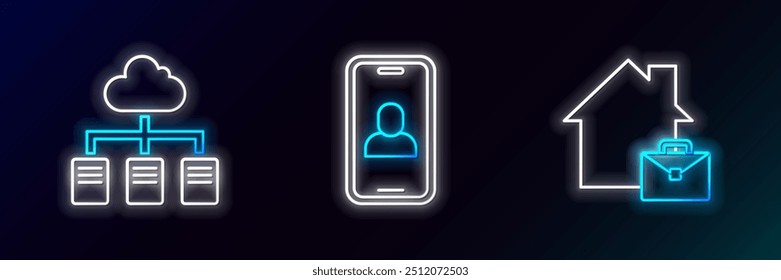 Set line Online working,  and Video chat conference icon. Glowing neon. Vector