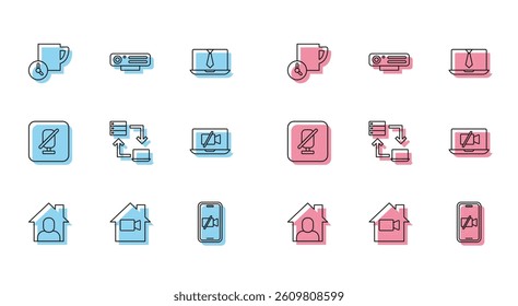 Set line Online working, Video camera Off home, Time management, on mobile, laptop, Mute microphone and Web icon. Vector