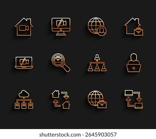 Set line Online working, Video camera Off home, Magnifying glass with briefcase, Freelancer and Hierarchy organogram chart icon. Vector