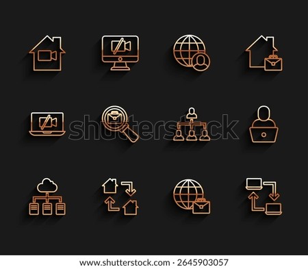 Set line Online working, Video camera Off home, Magnifying glass with briefcase, Freelancer and Hierarchy organogram chart icon. Vector