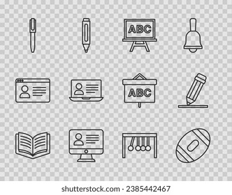 Set line Open book, American Football ball, Chalkboard, Online class, Pen, Pendulum and Pencil with eraser icon. Vector svg