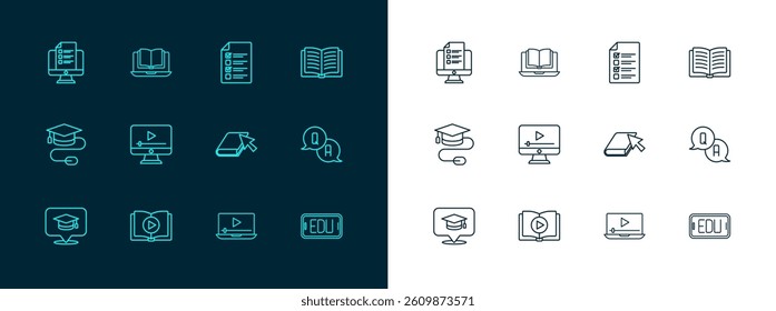 Set line Open book, Audio, Online, play video, quiz, test, survey,  and class icon. Vector
