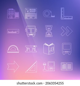 Fijar línea Libro abierto, Bus, Arrow, construcción de la ruleta, Ruler, edificio de hoteles e icono de píxel de vidrio de Hourglass. Vector