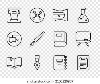 Set line Offenes Buch, Zertifikat Vorlage, Stift Schärfer, Springbrunnen, Stage Stand, Paint Bürste, Notebook und Chalkboard Symbol. Vektorgrafik