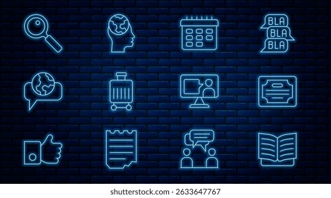 Set line Open book, Certificate template, School timetable, Suitcase, Learning foreign languages, Magnifying glass, Foreign online study and  icon. Vector