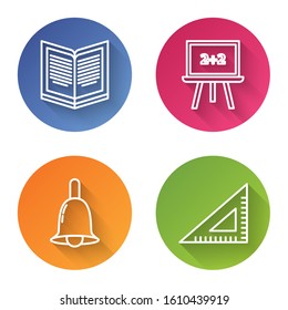 Set line Open book, Chalkboard, Ringing bell and Triangular ruler. Color circle button. Vector